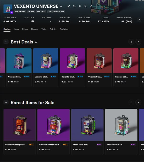 A screenshot of the 'Vexento Universe' NFT marketplace page on OpenSea, displaying 'Best Deals' and 'Rarest Items for Sale' sections with various 3D character collectibles priced at 0.01 ETH each.