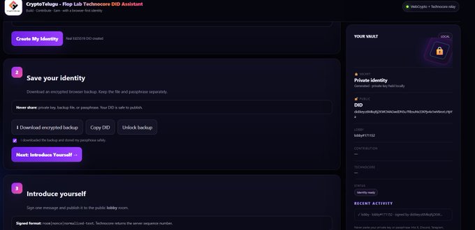 A 'CryptoTalqs - Flop Lab Technocoin DID Assistant' interface showing steps to 'Save your identity' and 'Introduce yourself' on a Web3 platform.