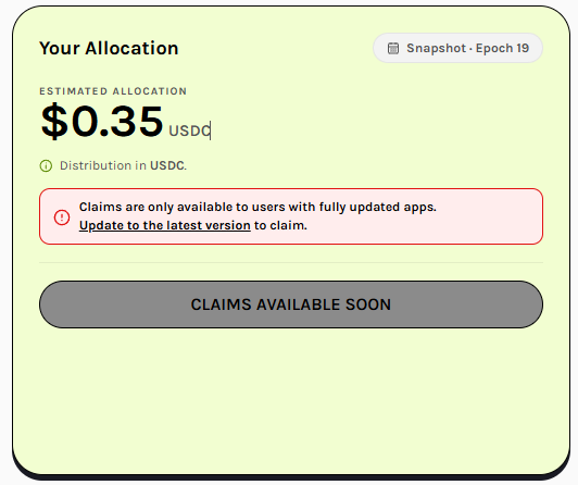 A mobile app screen showing a Snapshot Epoch 19 allocation of $0.35 USDQ, with a notification that claims require updating to the latest app version.
