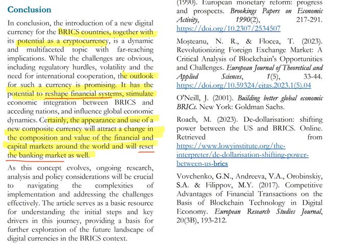 The image is a screenshot of an academic article's conclusion section discussing a new digital currency for BRICS countries, highlighting its potential to reshape financial systems, with a red underline under "reset the banking market as well" connecting to the accompanying post about a "Reset."