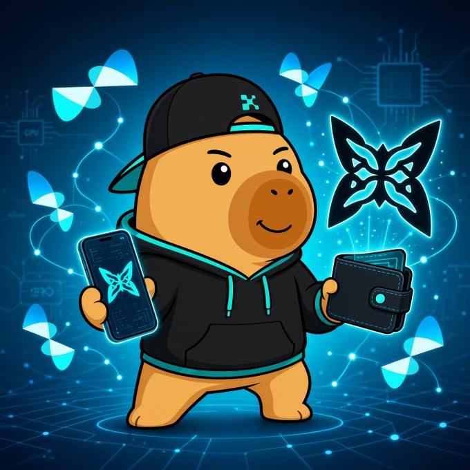 A cartoon capybara wearing a black cap and hoodie holds a smartphone and a wallet, surrounded by glowing blue butterfly logos and digital circuit graphics.