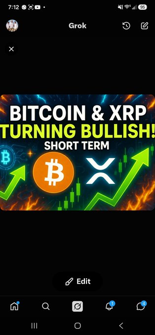 A Grok-generated graphic reading 'BITCOIN & XRP TURNING BULLISH! SHORT TERM' with upward arrows and Bitcoin/XRP logos.
