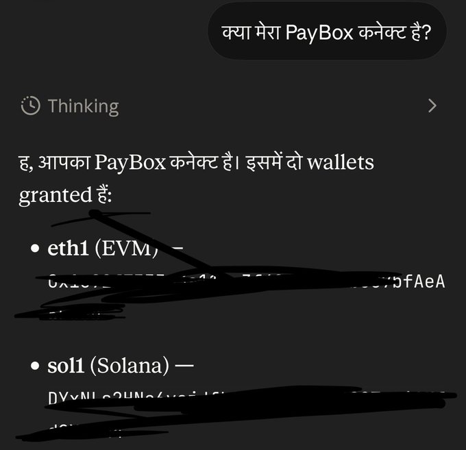A screenshot of a chatbot response in Hindi asking 'क्या मेरा PayBox कनेक्ट है?' (Is my PayBox connected?), with the AI confirming two wallets are granted: eth1 (EVM) and sol1 (Solana), though some addresses are scribbled out in black.