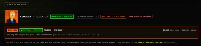The image shows the StonkBrokers website displaying the "$CLOCKIN" theme coin on the "DUAL POOL" page, with details including a $3.15K market cap, $115.4K raised, CA "GAsbie...666666," and ETH trading via StonkBrokers, alongside a cartoon employee avatar and the note that the deeper ETH pool is permanently locked with $279.3k liquidity. The post confirms this as a new community-launched deflationary theme coin with 0% tax and locked liquidity, matching the official/verified badge and StonkBroker branding shown in the image.