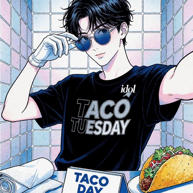 A charismatic host in a black “idol TACO TUESDAY” shirt adjusts his sunglasses beside a taco and a “TACO DAY” sign, celebrating the successful Taco Tuesday event.