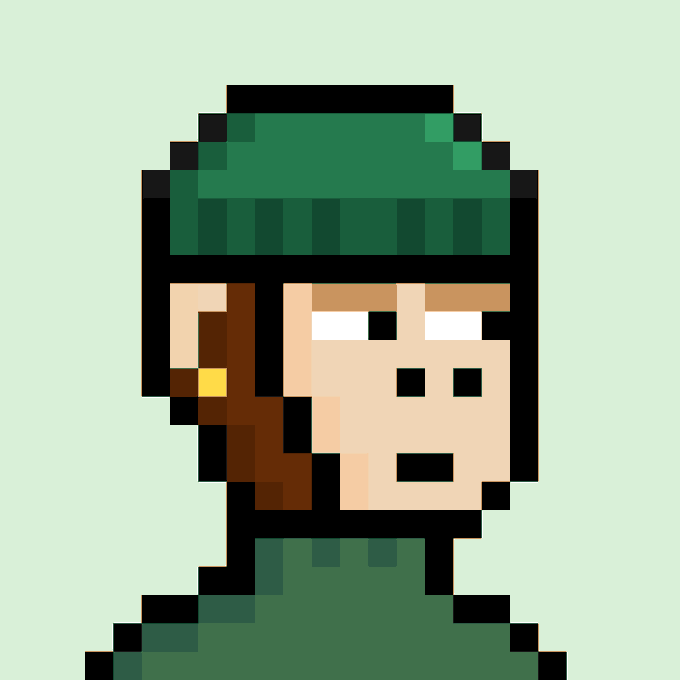 A pixel art illustration of a character wearing a green hood and clothing, with a brown strap across their face, set against a light green background.
