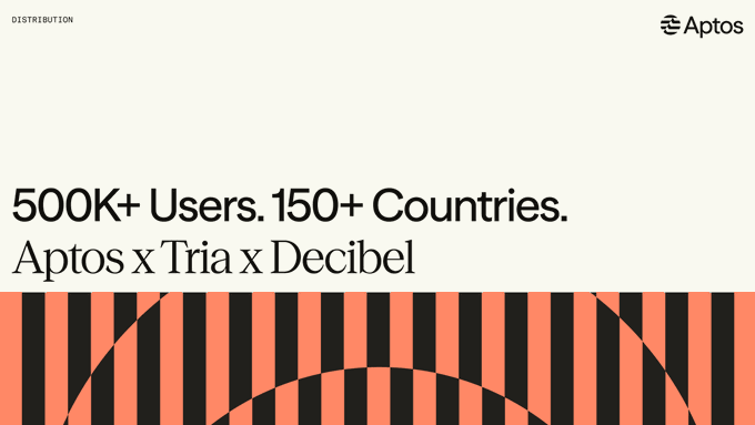 The image shows a graphic advertisement with a logo featuring three horizontal stripes (black, white, and red) arranged in an upside-down triangle shape against a light brown background. Below the triangle, the text states "500k+ Users +150 countries" while another line of text below it reads "aptos x tria x decibe". The combination of colors and layout suggests that this advertisement is promoting an integration or collaboration between a payment gateway service called @useTria and another company or platform. This could be a payment system, e-commerce platform, or any other kind of service that utilizes @useTria's network for transactions and communications with customers or partners worldwide.