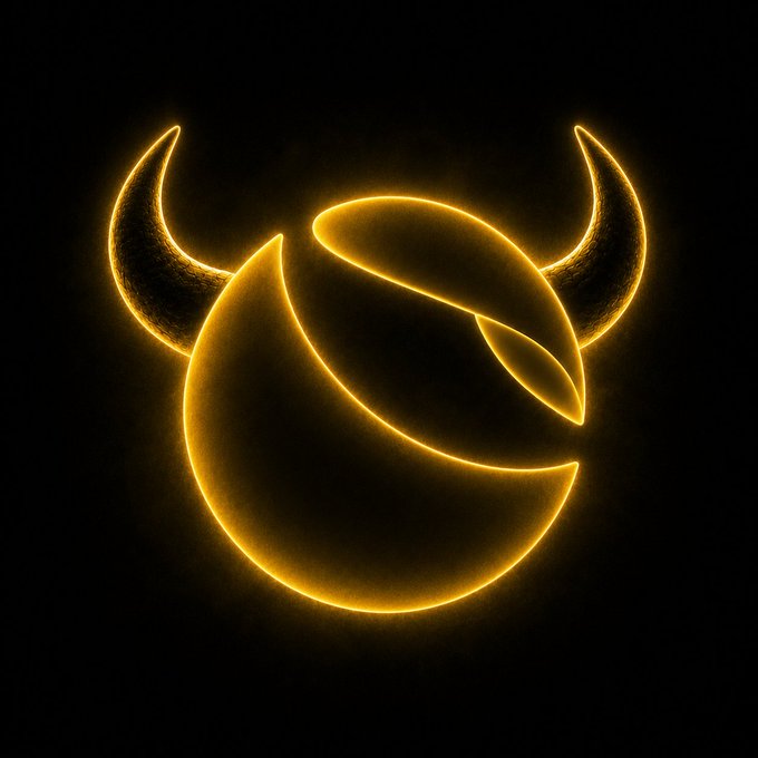 A glowing yellow/gold neon-style illustration of a devil or bull-like face with horns on a black background.