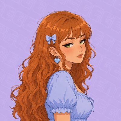 A digital illustration of a young woman with long, wavy orange hair, green eyes, and a blue ribbon hair clip, wearing a blue off-shoulder top with a heart-shaped earring.
