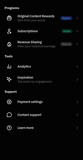 A mobile app settings menu showing Programs (Original Content Rewards, Subscriptions, Revenue Sharing), Tools (Analytics, Inspiration), and Support sections.