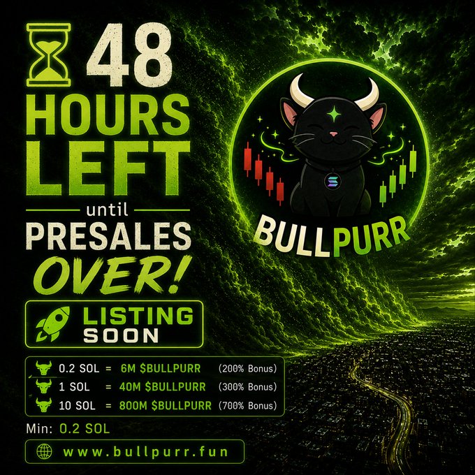 The promotional graphic announces "48 HOURS LEFT until PRESALES OVER!" for the $BULLPURR token, featuring a cartoon black cat with bull horns surrounded by green candlestick charts. It displays the same tiered bonus structure mentioned in the post (200% bonus at 0.2 SOL, 300% at 1 SOL, 700% at 10 SOL) and directs viewers to bullpurr.fun with a "LISTING SOON" banner.