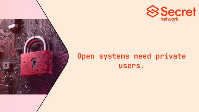 A promotional graphic for 'Secret Network' with a red padlock on a circuit board and the tagline 'Open systems need private users.'