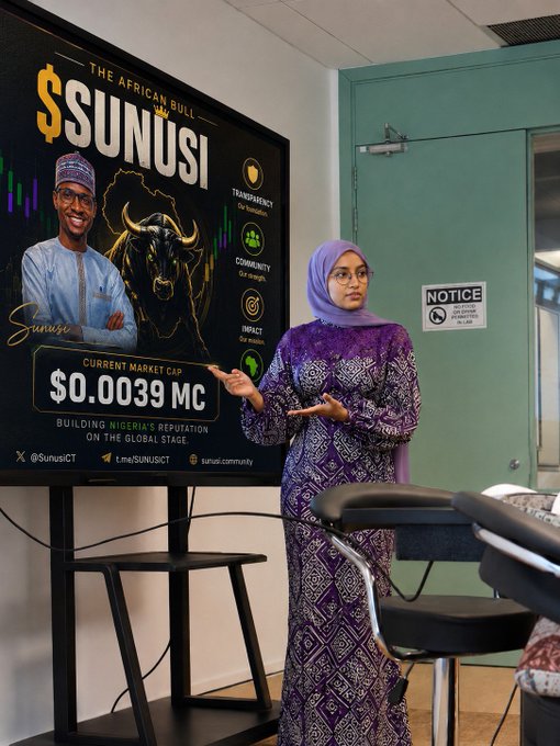 A lecturer presents information on "$SUNUSI, The African Bull" with a current market cap of "$0.0039 MC" to build Nigeria's global reputation.