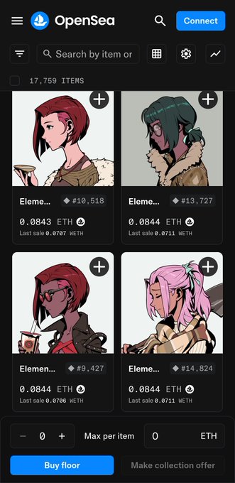 A screenshot of the OpenSea NFT marketplace displaying anime-style character profile pictures with prices in ETH, including items labeled 'Eleme...' priced around 0.0843–0.0844 ETH.