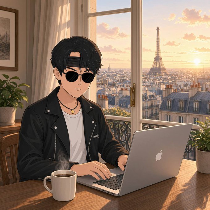 An anime-style illustration depicts a young man with black hair, a headband, and sunglasses, wearing a black leather jacket over a white shirt while working on a silver laptop with a steaming coffee mug beside him, overlooking a sunset Paris skyline featuring the Eiffel Tower.
