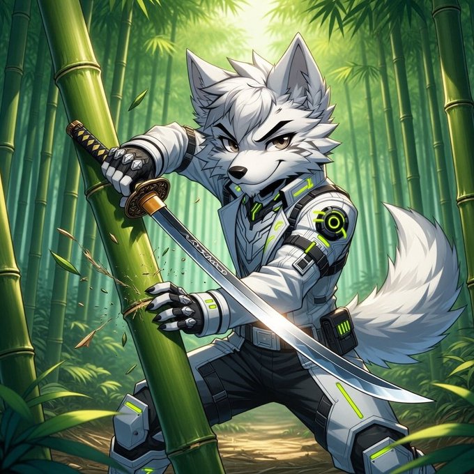 Anime-style illustration of a white anthropomorphic wolf character in a futuristic white and green outfit, wielding a katana while slicing bamboo in a bamboo forest.