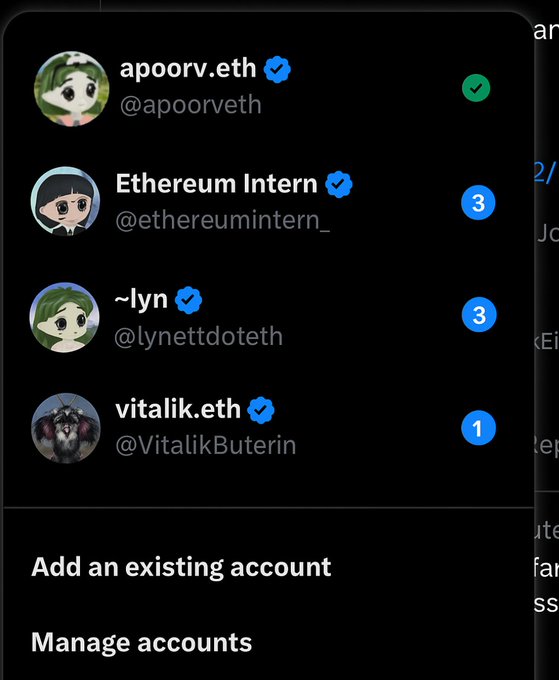 A dropdown menu showing connected accounts including apoorv.eth, Ethereum Intern, ~lyn, and vitalik.eth.