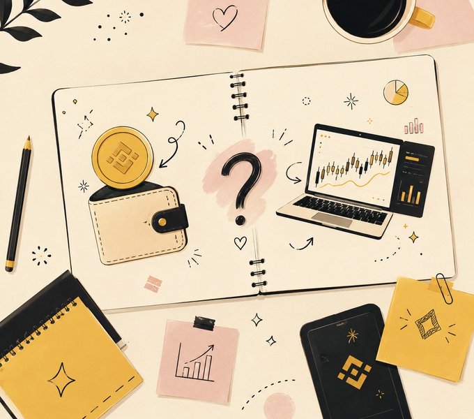 The image features an illustrated sketchbook with a wallet containing a Binance coin next to a laptop displaying trading charts, surrounded by sticky notes with financial graphs and symbols. A large question mark in the center visually echoes the post's central theme of helping traders decide between Spot and Futures trading, symbolizing the key decision point before starting to trade.