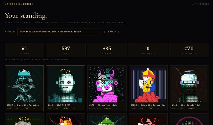 A screenshot of the 'LATESTAGE.CHURCH' website showing NFT standings with a title 'Your standing.' and various digital artwork thumbnails including 'Draugr the Forsaken', 'WRAITH FIST', 'Chancellor Lich', 'Umbra the Torque Ma...', and 'Styx Domin-ion'.
