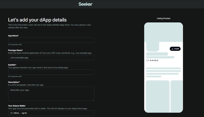 A web interface titled 'Seeker' shows a form for adding dApp details with fields for App Name, Package Name, Subtitle, and Description, alongside a phone listing preview mockup.