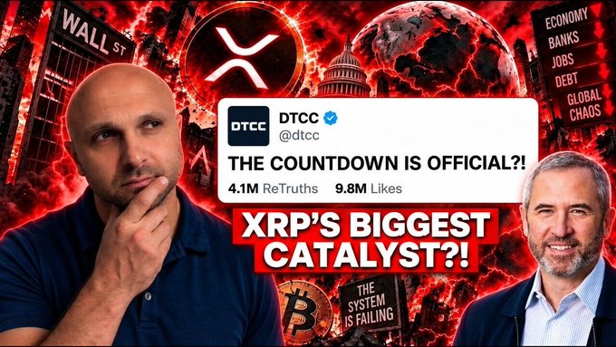 A dramatic thumbnail features two men flanking center text "XRP'S BIGGEST CATALYST?!" alongside a DTCC tweet reading "THE COUNTDOWN IS OFFICIAL?!" (4.1M ReTruths, 9.8M Likes), set against a chaotic red backdrop showing Wall St, the Capitol, and signs warning "ECONOMY/BANKS/JOBS/DEBT/GLOBAL CHAOS" and "THE SYSTEM IS FAILING" with a Bitcoin logo—visually reinforcing the post's claim that October 28th marks a pivotal shift from headline to market for XRP, with institutions like Fireblocks, Citadel, and DTCC driving the catalyst.