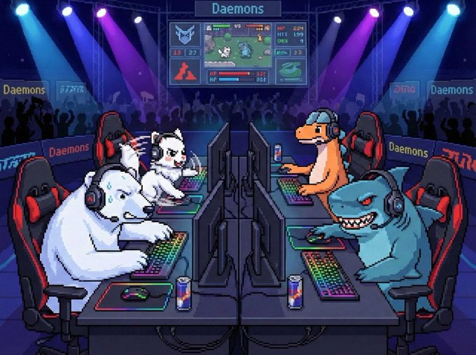The image features a cartoon scene of four cartoon animals, including a polar bear, a shark, a dog, and a cat, sitting at computer desks playing a video game together. The animals are wearing headphones and appear to be focused on their screens as they play. In the background, there is a scoreboard displaying the names "DÆMONS MEGA KNOCKOUT TOURNAMENT IS COMING! This is the last tournament btw Up to 150 USDC for the champion 400 USDC total prize pool Live knockout battles Bonus rewards for creators ...". The post seems to be promoting an upcoming gaming event or tournament.