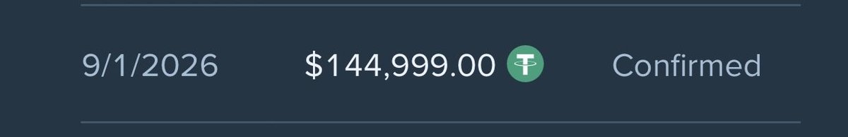 A transaction confirmation screen displays the date '9/1/2026', the amount '$144,999.00' with a Tether (USDT) symbol, and the status 'Confirmed'.