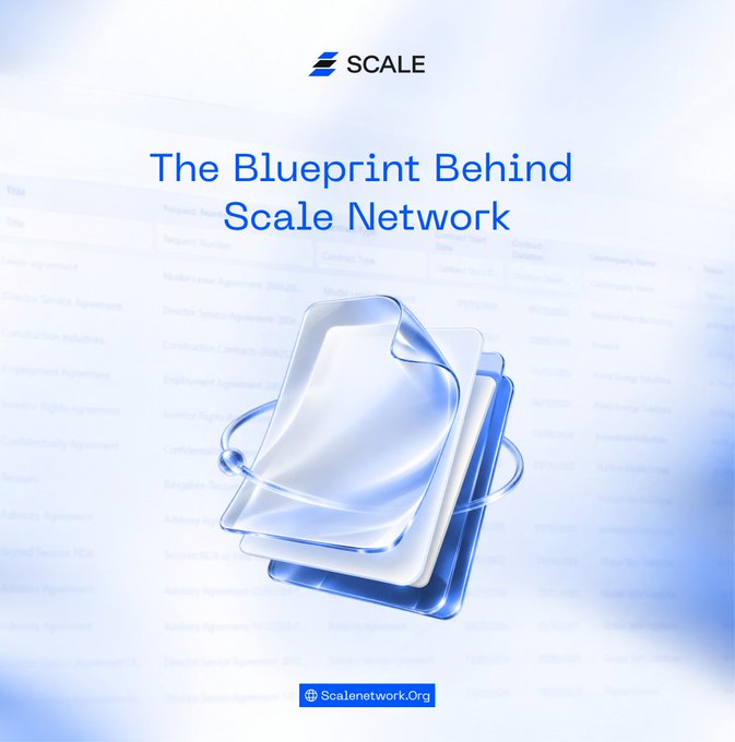 A promotional graphic for Scale Network featuring the headline "The Blueprint Behind Scale Network" alongside a stylized stack of glossy blue documents, visually reinforcing the post's announcement that the project's whitepaper is on the way to detail the ecosystem's mechanics and the role of $SCALE.