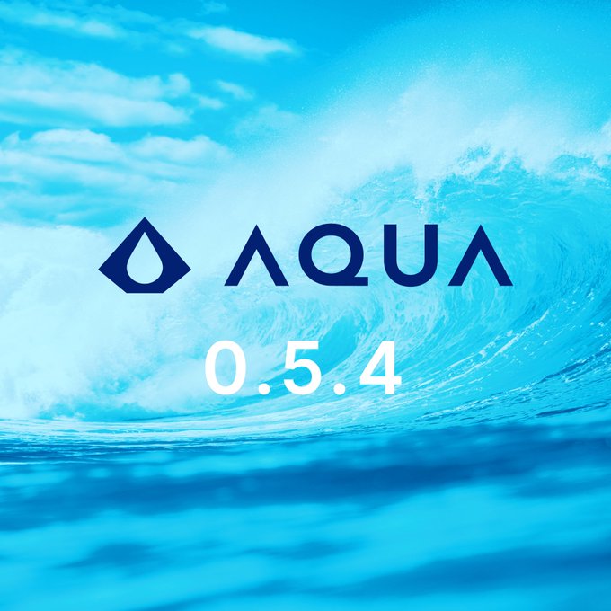 The image displays the Aqua logo and version "0.5.4" against a turquoise ocean wave backdrop, visually announcing the release mentioned in the post.