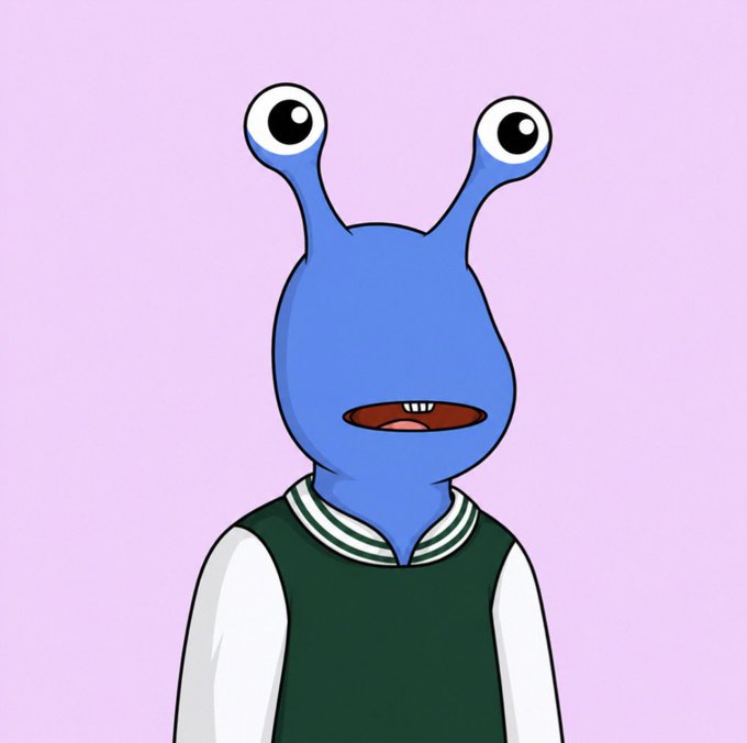 A cartoon illustration of a blue alien-like creature with two stalk eyes, wearing a green and white varsity jacket against a light purple background.