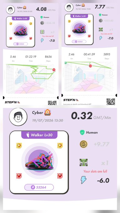 Screenshots of the STEPN app showing a user named 'Cyber' with stats including 4.08 GMT/Min, 7.77 GST/Min, and 0.32 GMT/Min, featuring a 'Walker Lv30' sneaker NFT and maps showing walking routes.