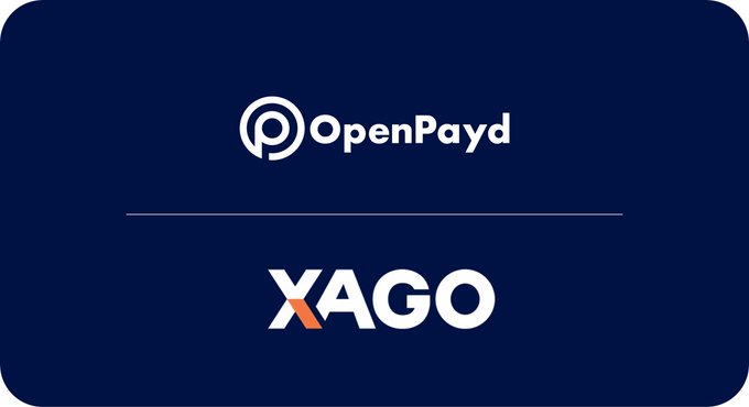 A dark blue graphic displaying the logos for 'OpenPayd' and 'XAGO' separated by a horizontal line.