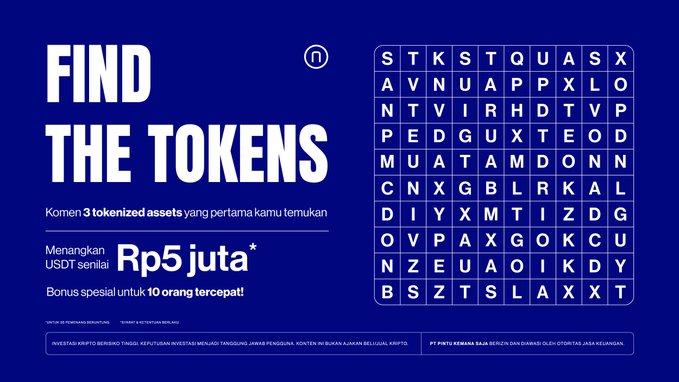 A promotional "Find The Tokens" word search puzzle on a blue background, where players must comment 3 tokenized assets hidden within the letter grid to win Rp5 juta in USDT, with a special bonus for the 10 fastest entries, directly matching the post's Rp5 million prize pool announcement and word search challenge.