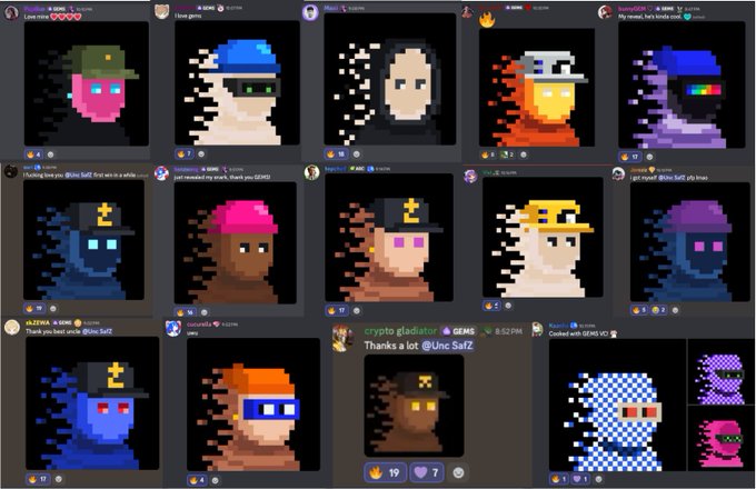 A collage of 15 pixel-art avatar-style images displayed in a grid, featuring various colorful character portraits on dark backgrounds. The accompanying post thanks "@Unc SafZ" with the comment "Thanks a lot" and shows 19 likes and 7 tips, relating to the GEMs/ZkSnark Squad community's appreciation for the artwork.