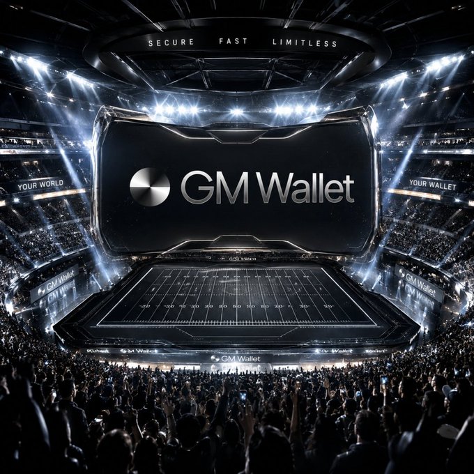 A massive stadium event is staged to promote "GM Wallet," featuring a giant screen displaying the logo and slogan "SECURE FAST LIMITLESS" above a football-field-themed stage, with crowds cheering and banners reading "YOUR WORLD" and "YOUR WALLET" surrounding the venue.