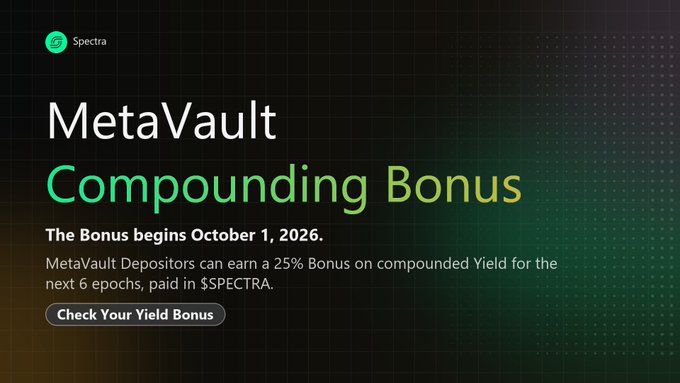 A promotional graphic for 'MetaVault Compounding Bonus' by Spectra, announcing a 25% bonus on compounded yield for MetaVault Depositors beginning October 1, 2026, with a 'Check Your Yield Bonus' button.