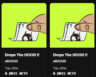 Two identical NFT listings from the collection 'Drops The HOOD !!' on the offHOOD marketplace, each showing a 'Top offer' of 0.0015 WETH, featuring artwork of a hand lifting a hood to reveal a cat.