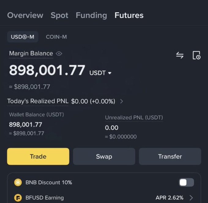 A Binance Futures account dashboard showing a Margin Balance of 898,001.77 USDT with zero realized and unrealized PNL, used to demonstrate holdings as proof of notifications being turned on for a $50 giveaway.