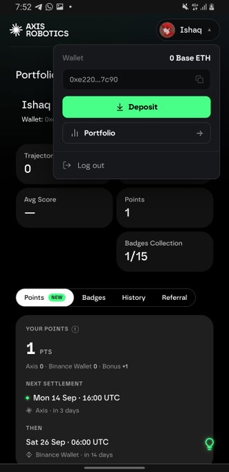 A mobile app screenshot for 'AXIS ROBOTICS' showing a user profile 'Ishaq' with a wallet dropdown displaying '0 Base ETH', 'Deposit' and 'Portfolio' buttons, and a points section indicating '1 PTS'.