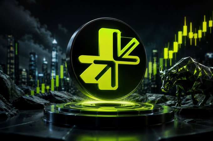 A 3D render of a glowing green cryptocurrency coin with a logo on a pedestal, surrounded by a green bull figure, rocks, and a city skyline overlaid with green candlestick charts.