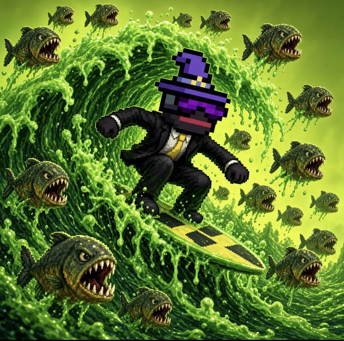 A pixel art character in a black suit with a purple hat surfs on a yellow board through green slime waves while being chased by piranha-like fish with sharp teeth.