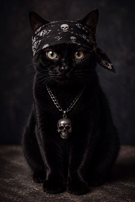 A black cat with yellow eyes wearing a black bandana with white skull patterns and a silver necklace with a skull pendant, set against a dark background.