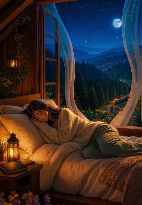 An anime-style illustration of a girl sleeping peacefully in a cozy wooden bed by a window, with a starry night sky and train visible outside.