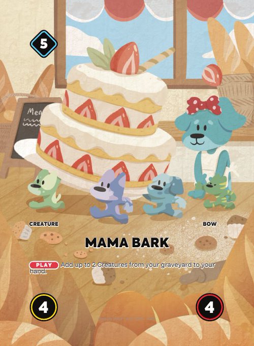 A trading card titled 'MAMA BARK' featuring a blue dog-like creature with a red bow standing next to a large strawberry cake surrounded by four small puppies, with a cost of 5, creature and bow subtypes, a play ability to add up to 2 creatures from the graveyard to hand, and 4 attack and 4 health stats.