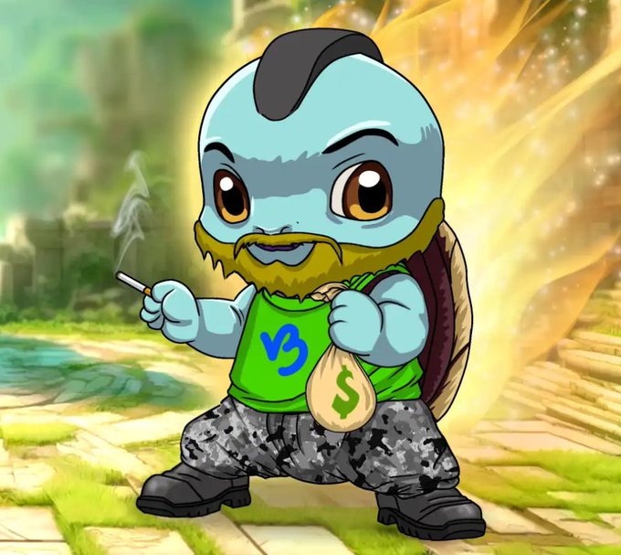 A cartoon turtle character with a beard and a mohawk smokes a cigarette and holds a money bag with a dollar sign, wearing a green shirt with a blue logo and camouflage pants, with flames in the background.