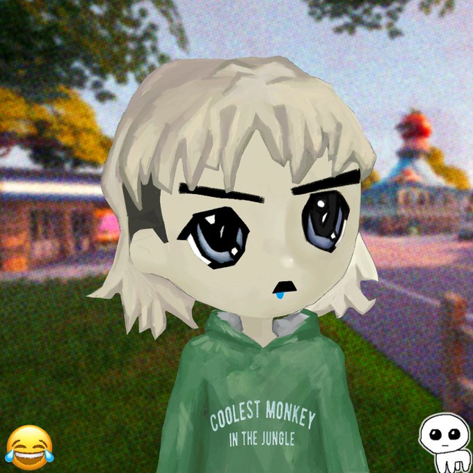 A 3D-rendered chibi-style character with white hair, large eyes, and a green hoodie reading "COOLEST MONKEY IN THE JUNGLE," set against a low-poly background with laughing and smiley emojis in the corners.