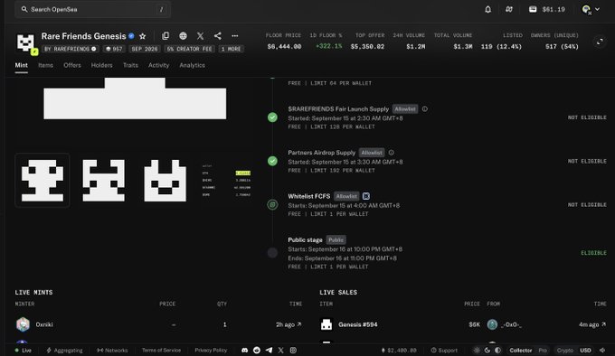 An OpenSea desktop page for the 'Rare Friends Genesis' NFT collection, showing a floor price of 0.50 ETH, a 24-hour volume of $5,350.82, and details about a Fair Launch Supply minting event.
