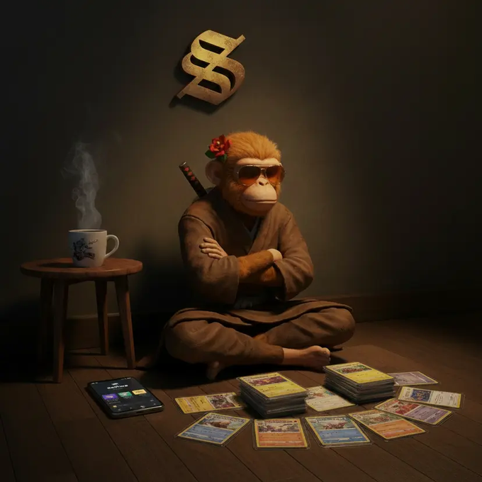 A stylized digital illustration of a monkey wearing sunglasses and a robe, sitting on the floor surrounded by trading cards with a dollar sign mounted on the wall above.