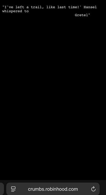 A screenshot showing the URL "crumbs.robinhood.com" at the bottom with text reading "I've left a trail, like last time!' Hansel whispered to Gretel" — referencing the breadcrumbs website as a playful "trail" left by Robinhood's development team ahead of a potential $WALLET token launch.