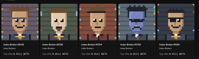Five pixel art NFT profile pictures labeled 'Index Broker' with various traits and IDs (#2125, #2126, #1704, #1705, #1061), each showing a 'Top offer 0.0111 WETH'.